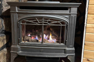 Cast iron wood stove with glass doors and visible flames